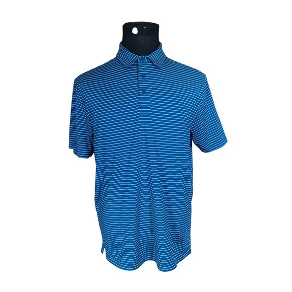 Under Armour Mens Loose Heatgear Blue Teal Striped Short Sleeve Polo Shirt Large - Picture 1 of 7